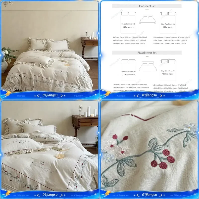 Vintage Farmhouse Cotton Linen Bedding Set Flower Embroidery Ruffled Duvet Cover with Pillowcases Cozy Breathable Home