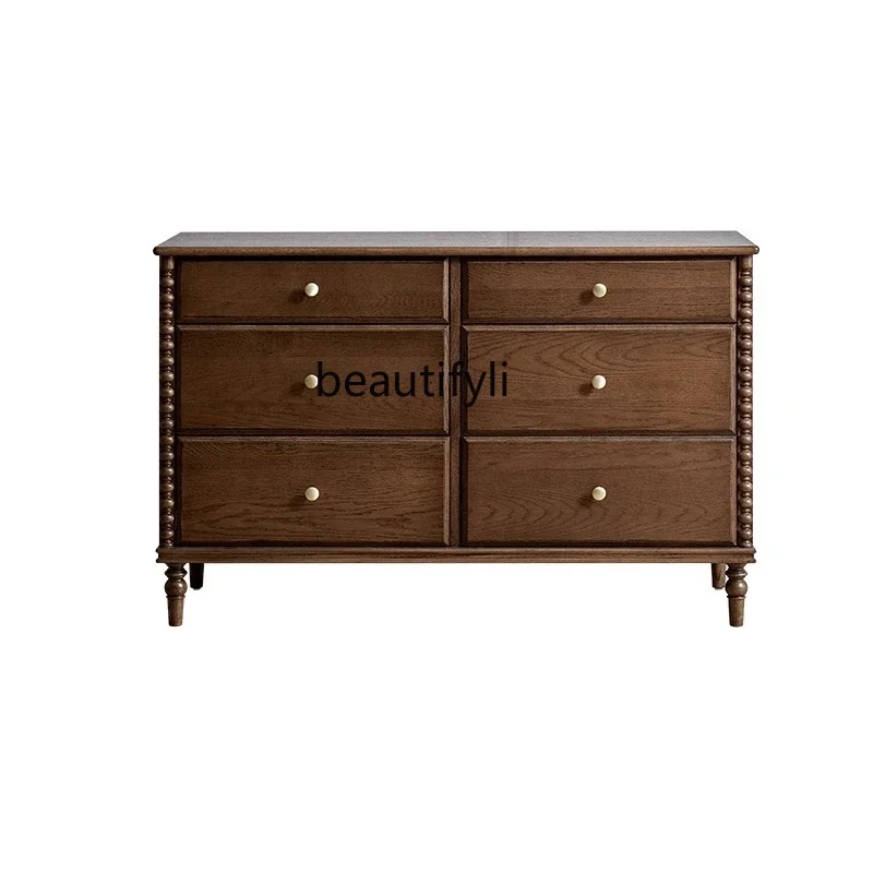 French Retro Solid Wood Small Apartment Bedroom Storage Organizer Dressing Table Integrated Wall Drawer Chest of Drawers