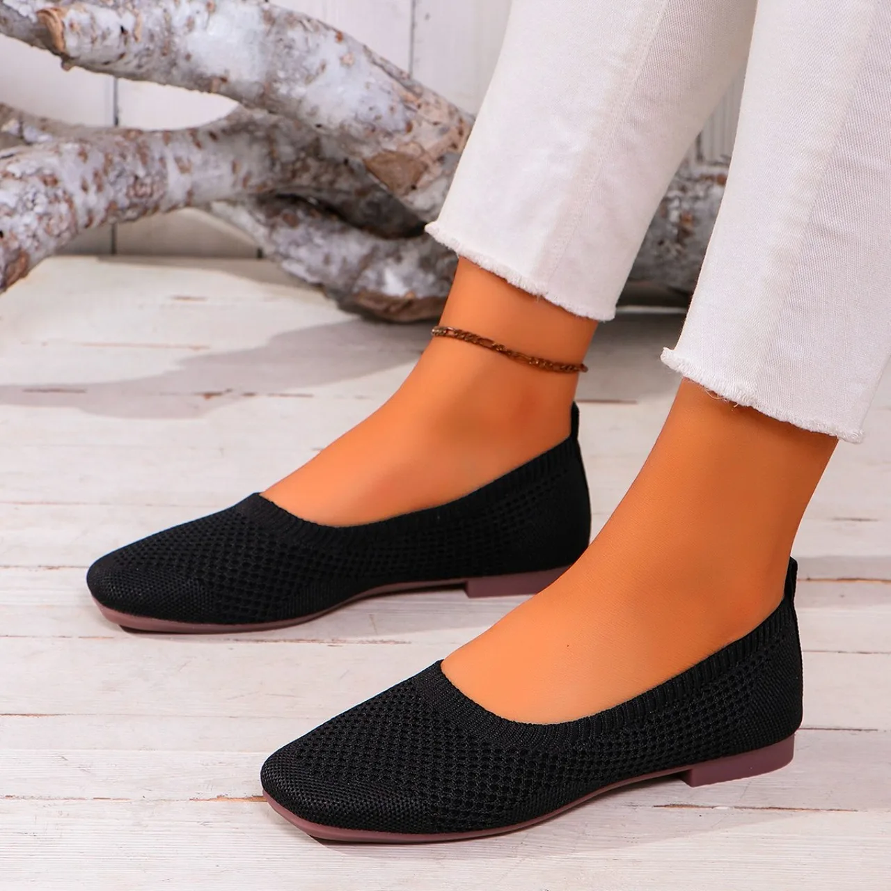 

Hot Sale Shoes for Women Spring Slip on Women's Flats Square Toe Elastic Fabric Breathable Shallow Mouth Daily Flats Shoes