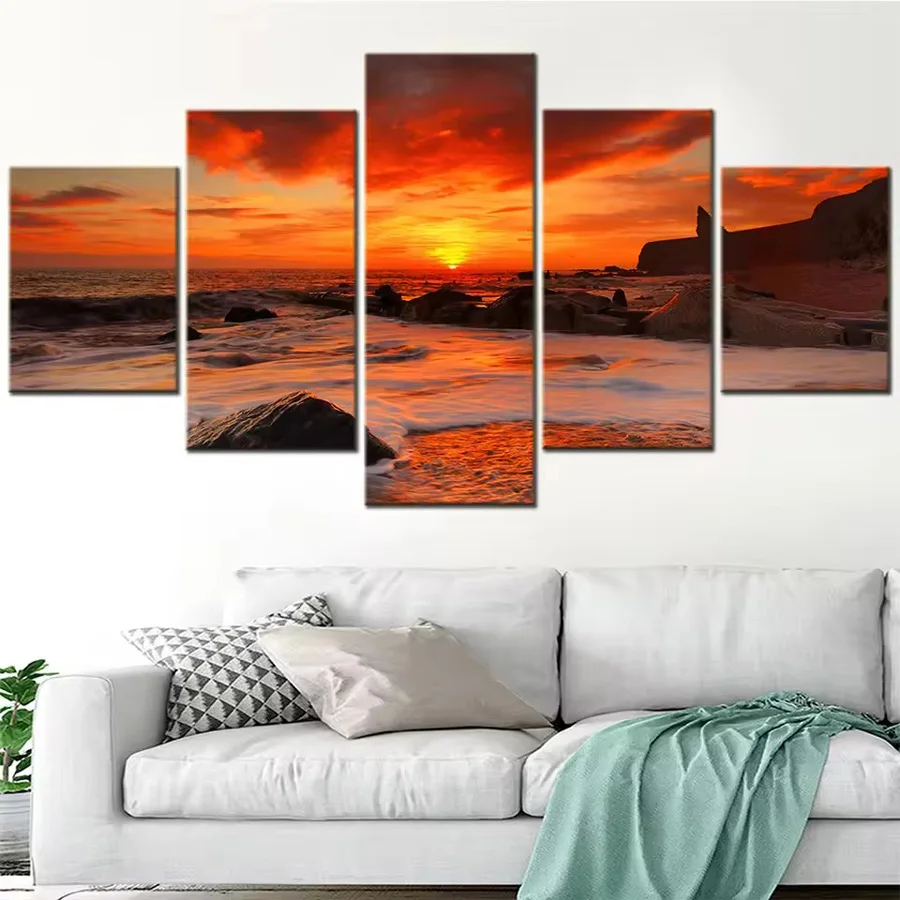 

5-панельная алмазная живопись, настенная живопись, мозаика, морской пейзаж, закат, пляж, полная картина со стразами, эстетическое украшение комнаты, ремесло