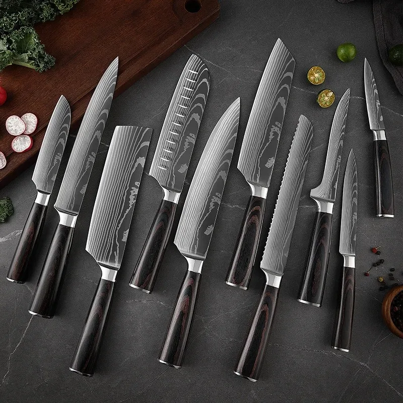 1-10pcs Japanese Knife Set 7CR17440C Laser Damascus Kitchen Knives Meat Cleaver Chef Knife Sharp Fish Slicing Knife Bread Knives