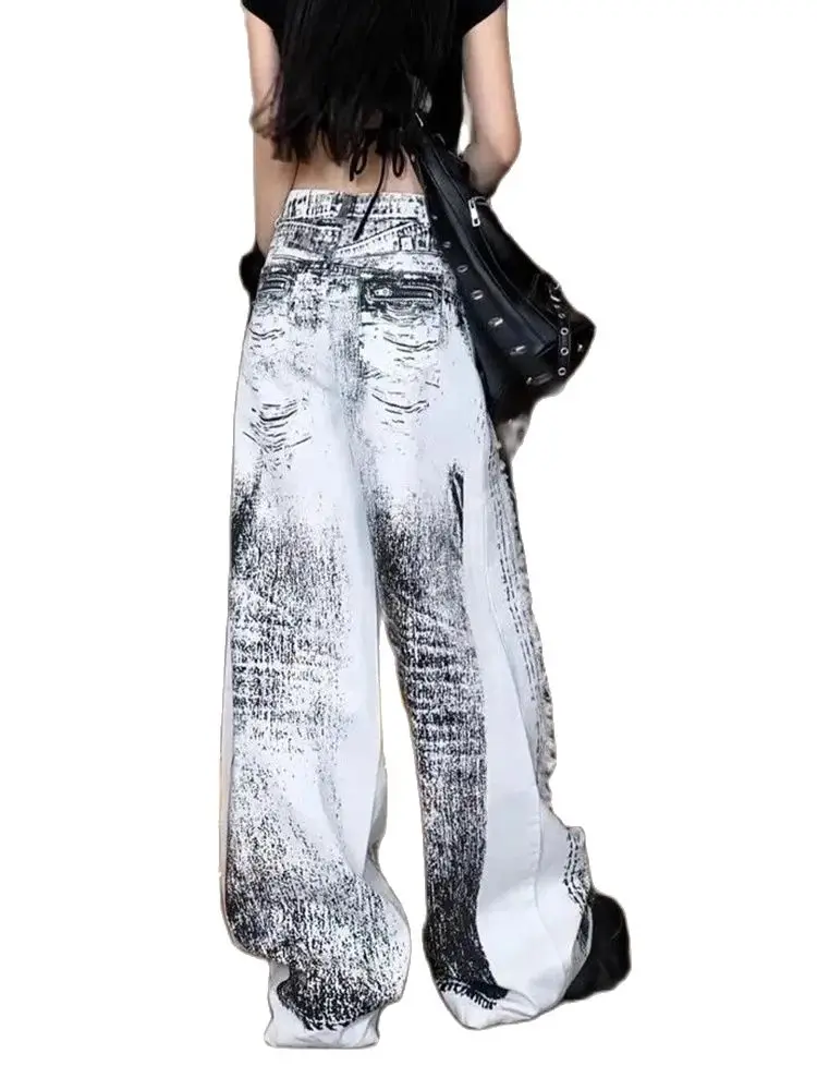 Women Tie Dyed Wide Leg Jeans Vintage Loose Cowboy Pants Harajuku Aesthetic Hollow Out Baggy Denim Trousers Y2k Oversize Trashy