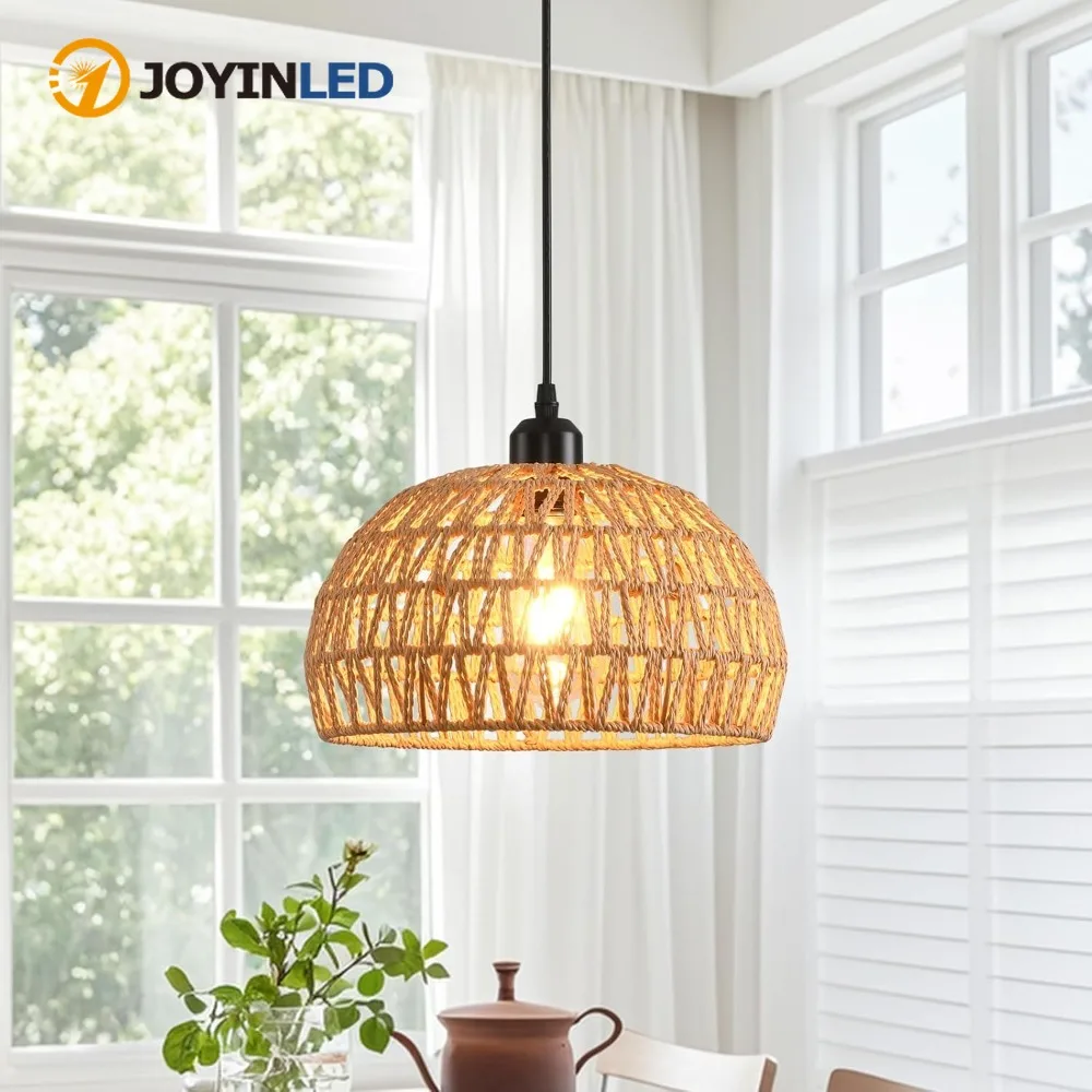 joyinled-麻縄織りペンダントライト-30cm-ボヘミアン織りライト器具-ドーム型籐製シャンデリア-ダイニングルーム-キッチンアイランド用-e27