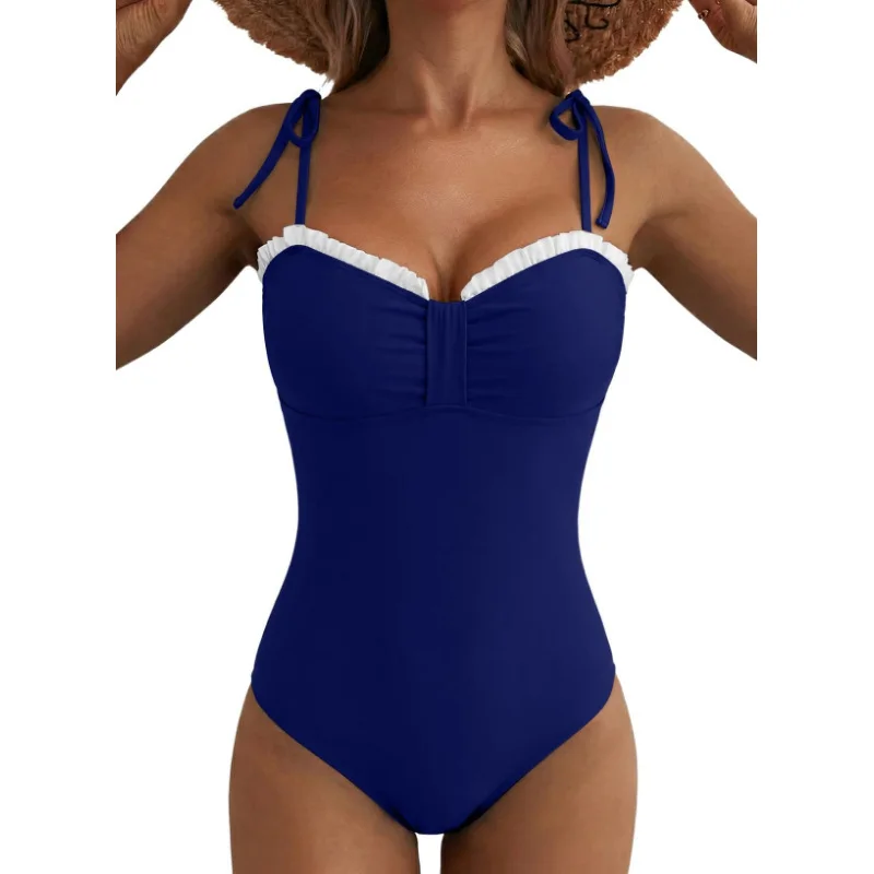 

New European American Women's One-Piece Swimsuit Striped Shoulder Strap Cinching Swimsuit Girls Vacation Swimsuit Beachwear