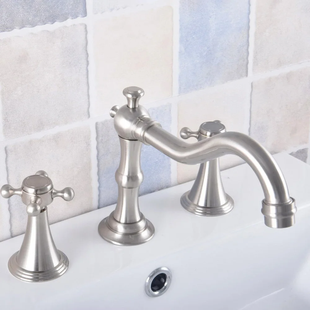 

Brushed Nickel Brass Deck Mounted Dual Handles Widespread Bathroom 3 Holes Basin Faucet Mixer Water Taps mnf687