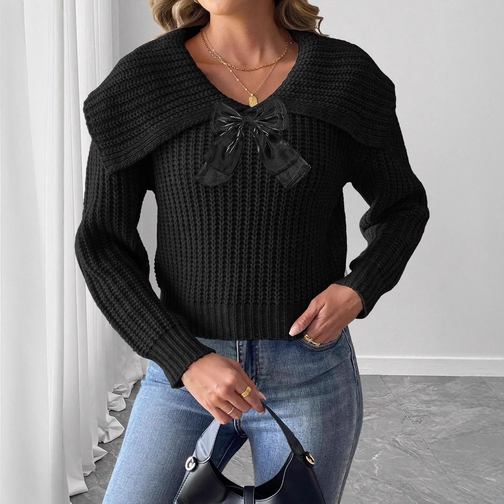 

Women's ort Knitted Sweater Street Sle Asymmetric Knot Splice Overhead Autumn Winter Faion Large Collar Top