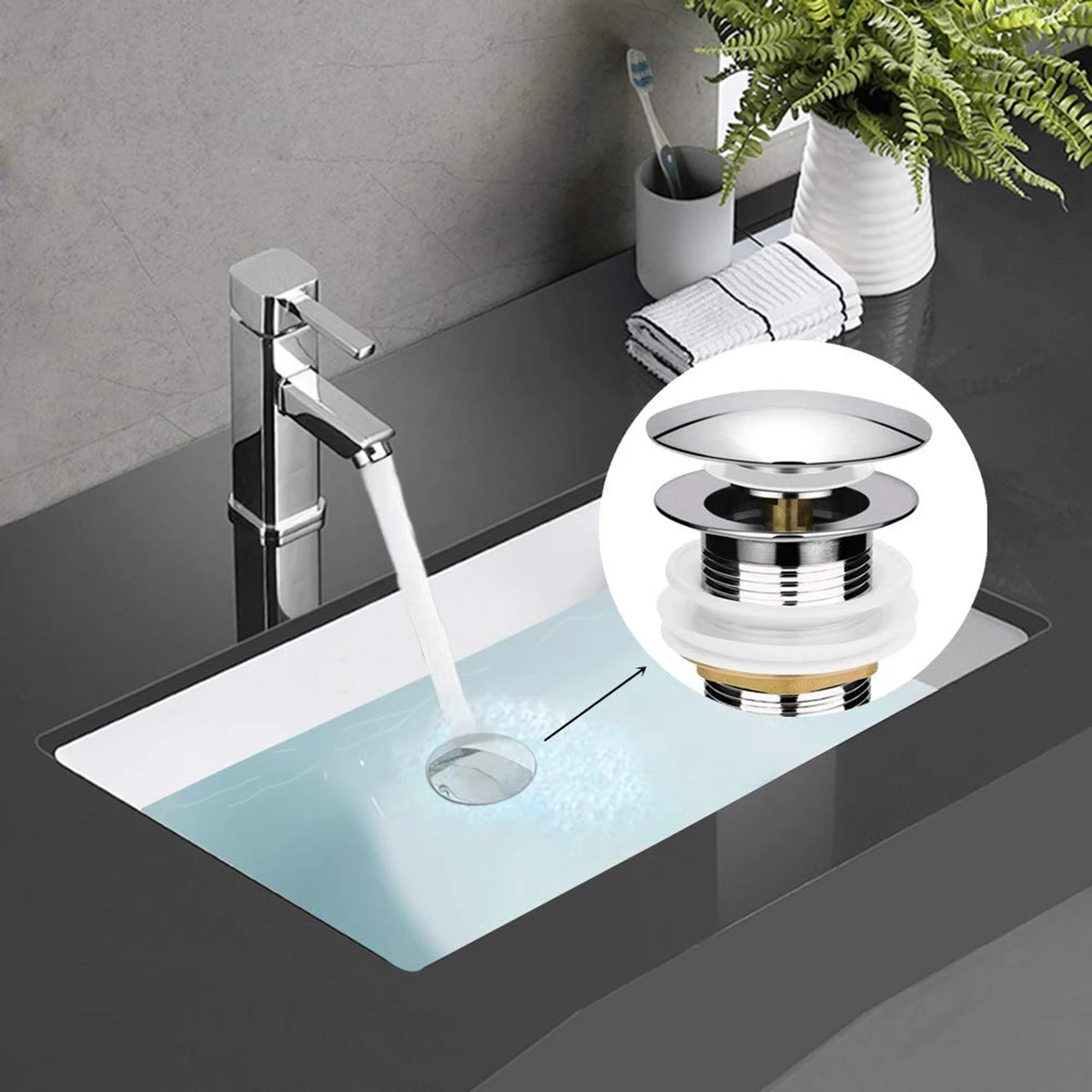 Drenaje de resorte para lavabo, drenaje emergente de acero inoxidable negro con botón pulsador, drenaje de resorte para fregadero de cocina y baño para el hogar