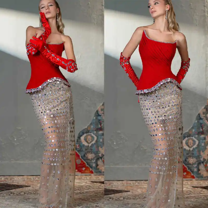 

Сексуальное вечернее платье без рукавов, без бретелек, с кристаллами и пайетками, длиной до пола, для свадебной вечеринки, выпускного вечера, Vestido De Novia