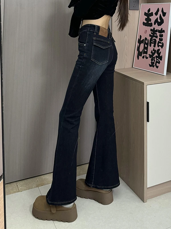 

Ретро винтажные синие джинсы-клеш с высокой талией, стрейч, облегающие, в пол, женские, для ранней зимы, в стиле «спайси гёрл», ностальгический деним