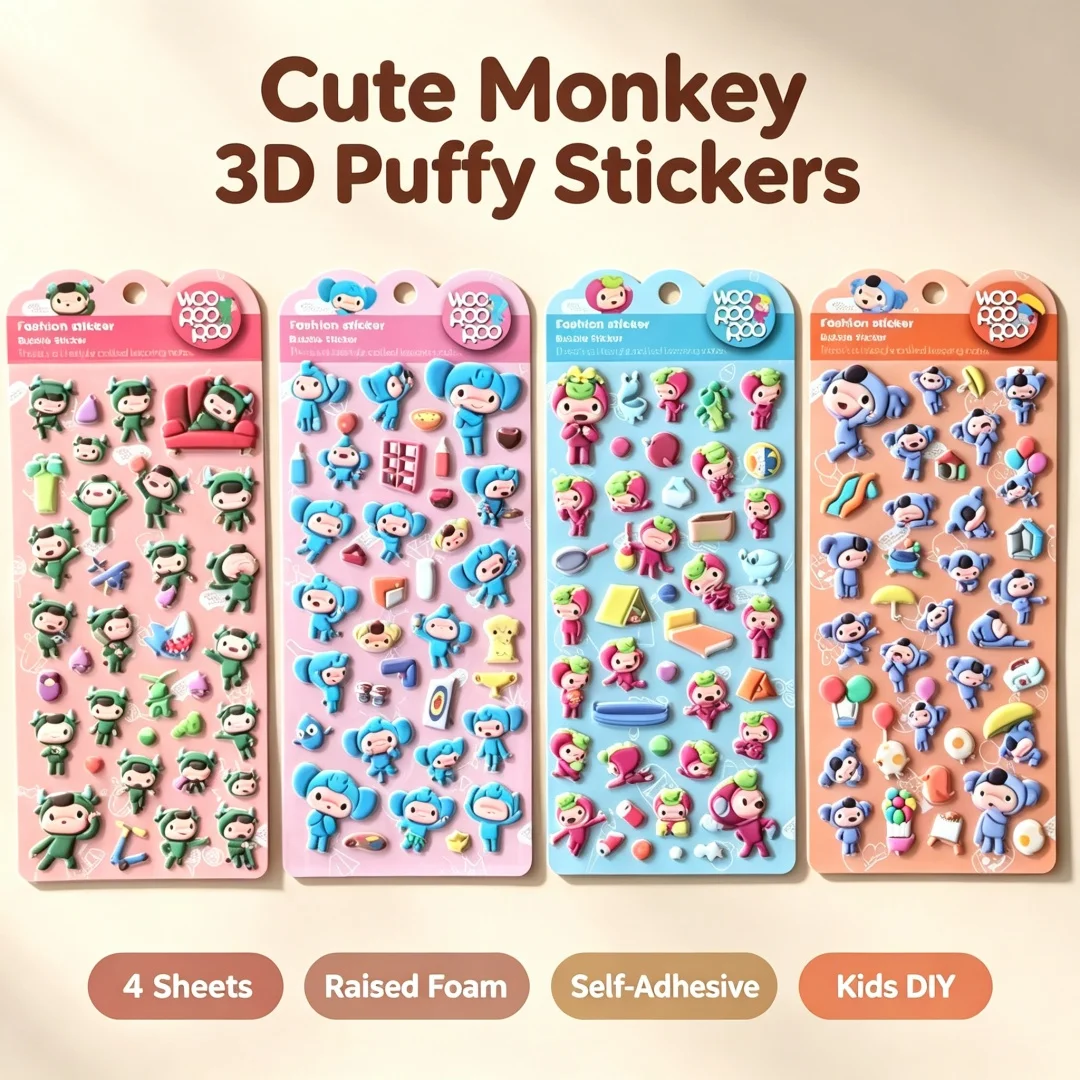 4 Sheets Cute Monkey 3D Puffy Stickers, Kawaii Cartoon Monkey Bubble Foam Stickers, Kids DIY Craft Decorative Stickers