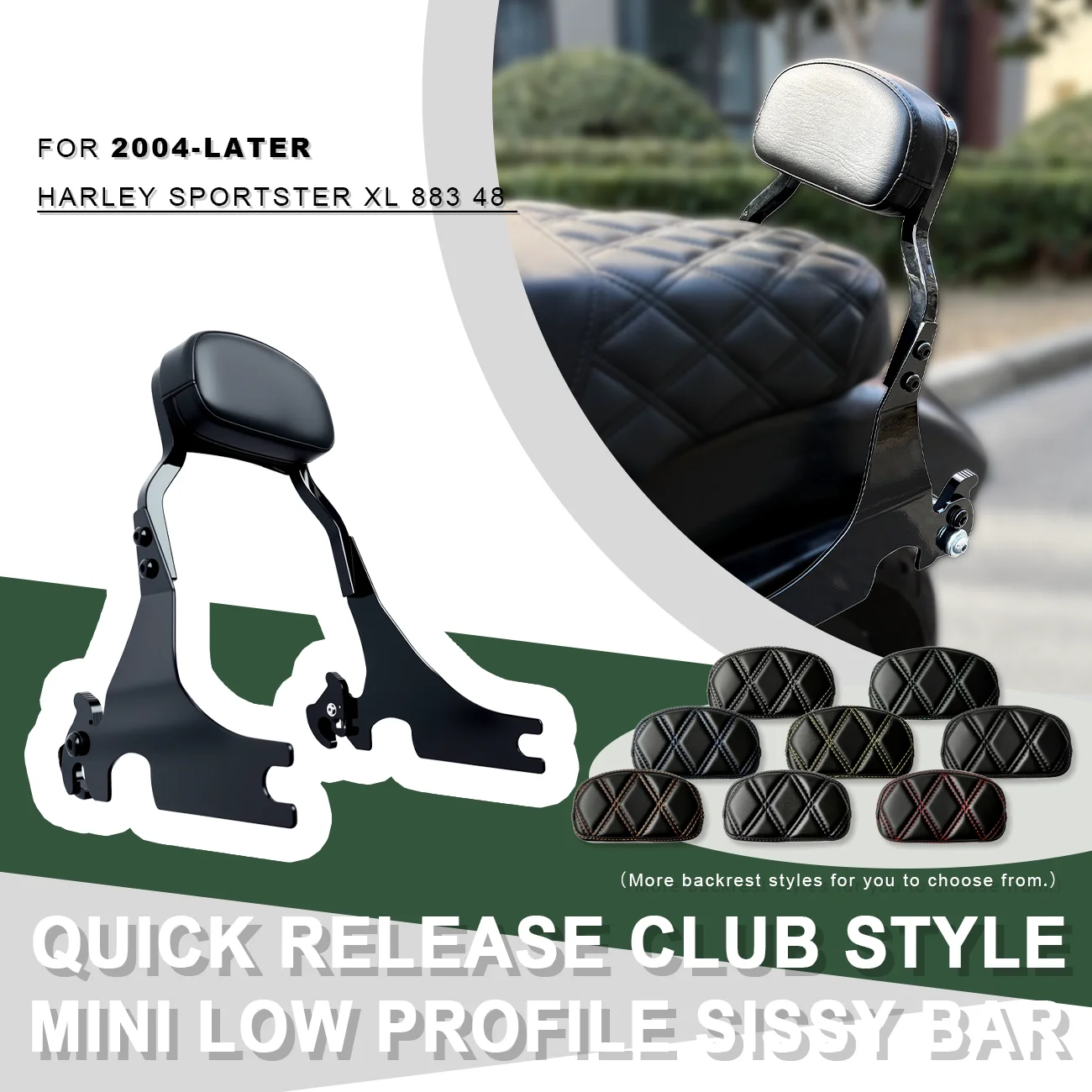 

Quick Release Club Style Mini Low Profile Sissy Bar For 2004-Later Sportster XL 883 48