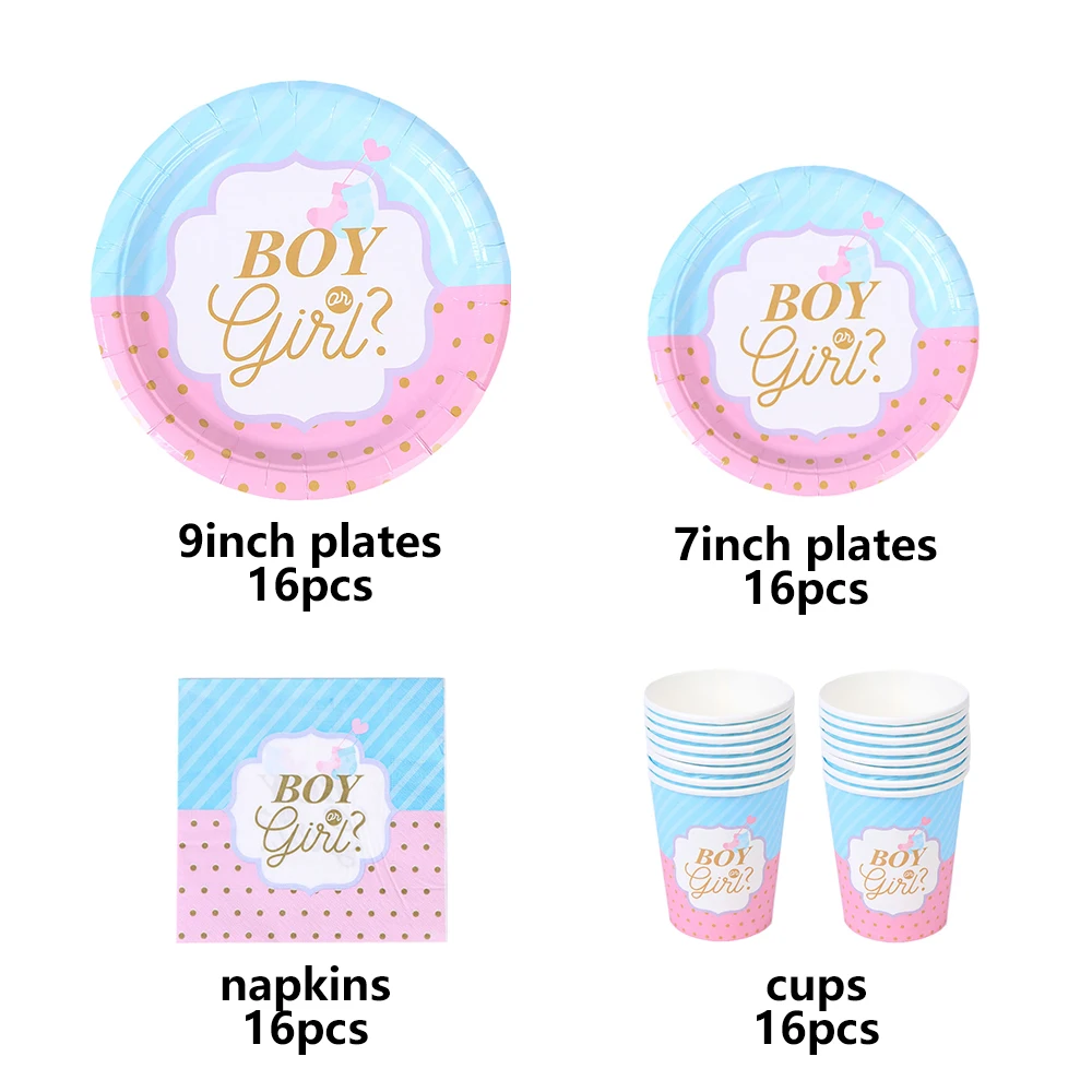 Gender Reveal Disposable Tableware Set Birthday Party Decorations Boy or Girl Baby Shower Paper Plates Cups Latex Balloons