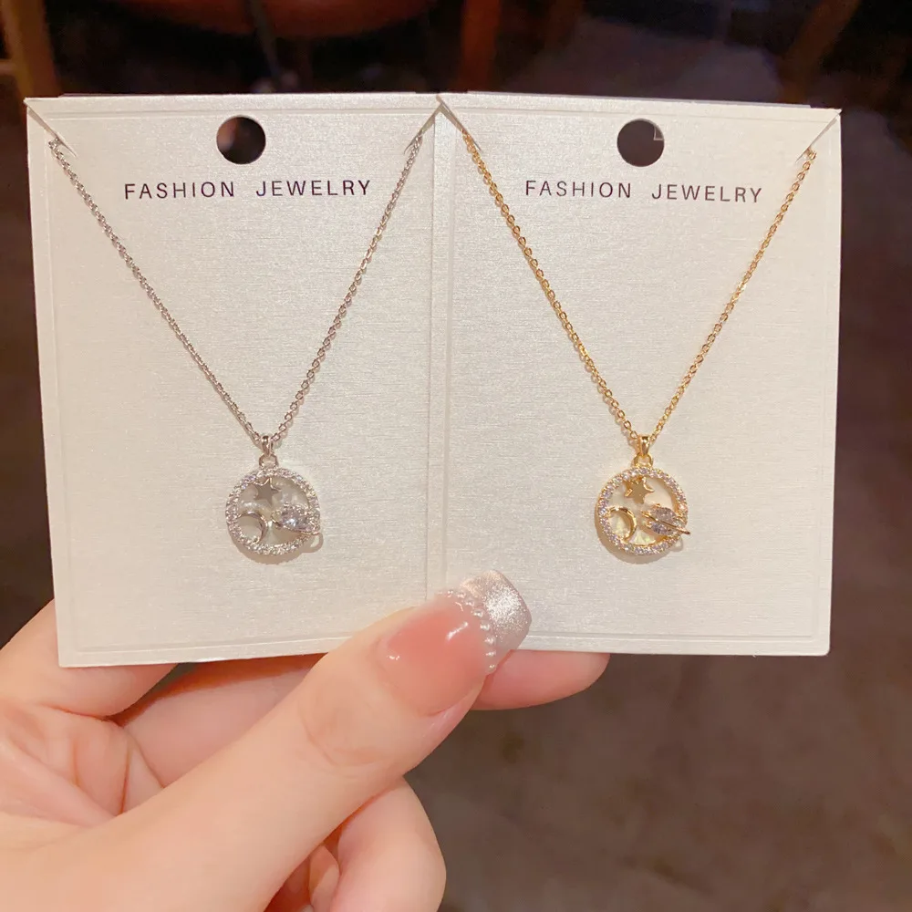 Sparkling Openwork Galaxy Moon Star Pendant Necklace Brilliant Pave Zircon Celestial Charm Choker Aesthetic Party Jewelry Gift