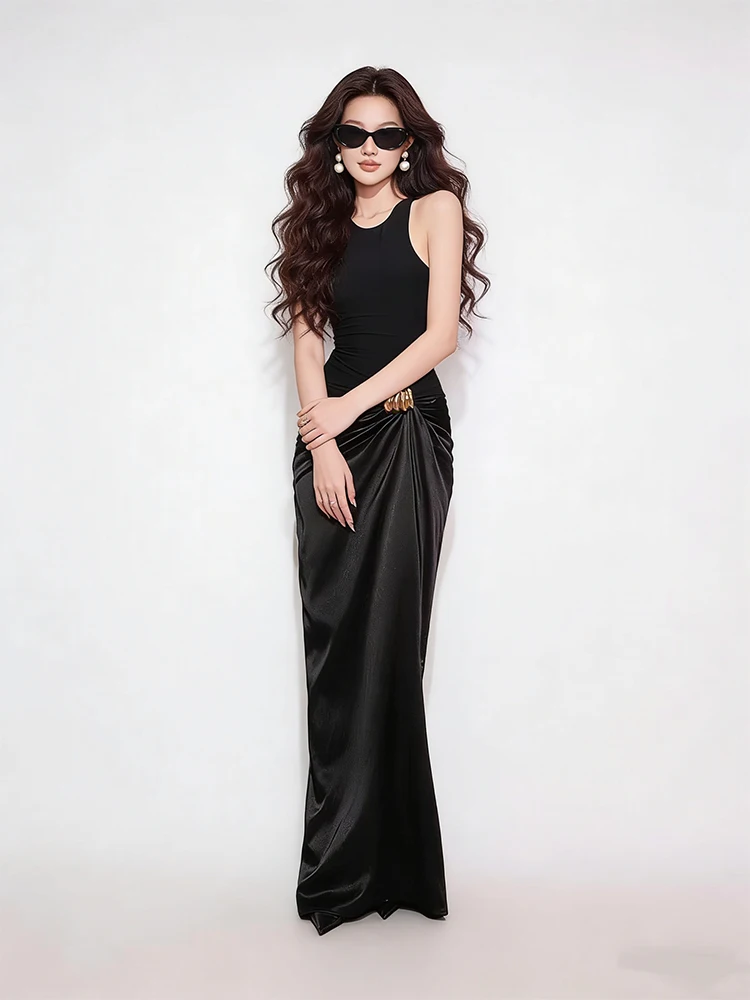 

Elegant Black Satin Patchwork Sleeveless Dress Women's High-End Fashion Personality Lady Evening Gown Long Dress