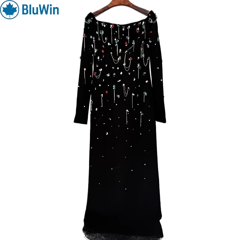 

BluWin 2025 Celebrity Style Off Shoulder Heavy Beaded Crystal Embellished Long Evening Gown – Luxury Maxi Dress for Women