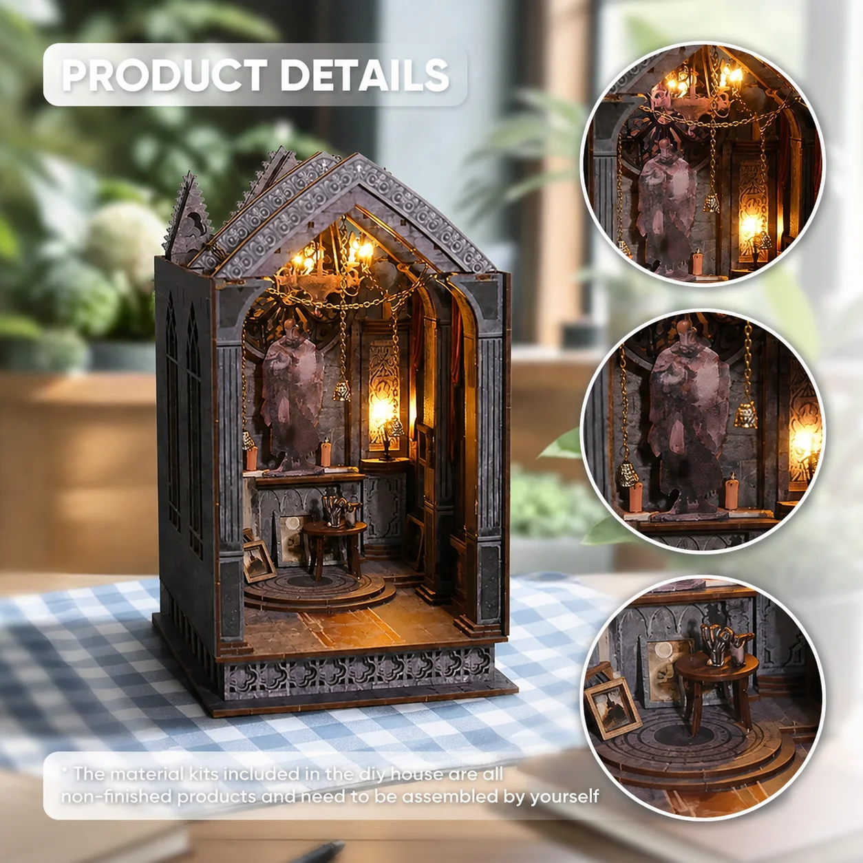 Handmade Kit Wood Crafts Quiet Night Prayer DIY Book Nook Miniature Metal Plastic Paper LED Light 3D Puzzle 1:32 Scale weight