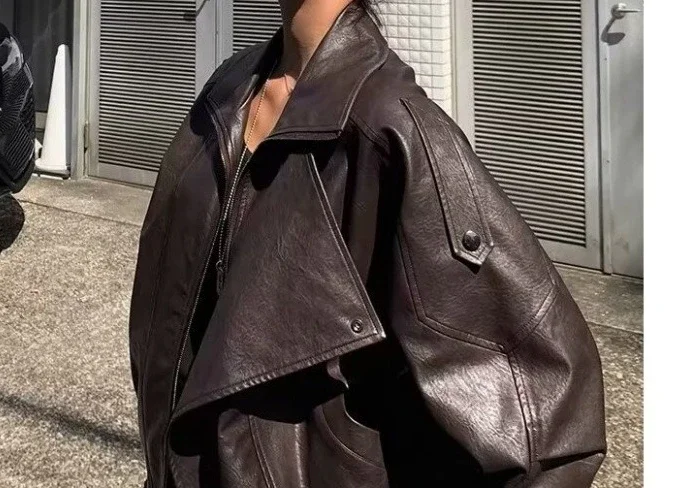 Retro Brown Black Leather Jacket 2025 Autumn New Item Street High-end Leather Jacket for Women