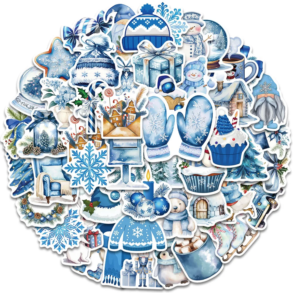 50PCS Blau Winter Weihnachten Graffiti Aufkleber DIY Telefon Fall Schreibwaren Gepäck Notizen Wasserdichte Aufkleber