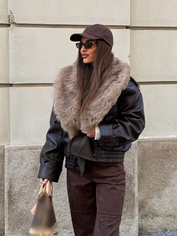 HH Women Winter Casual Short Coat Faux Fur-Effect Lapel Fashion Loose Jacket Female Pocket Button Decoration Chic Warm Jackets