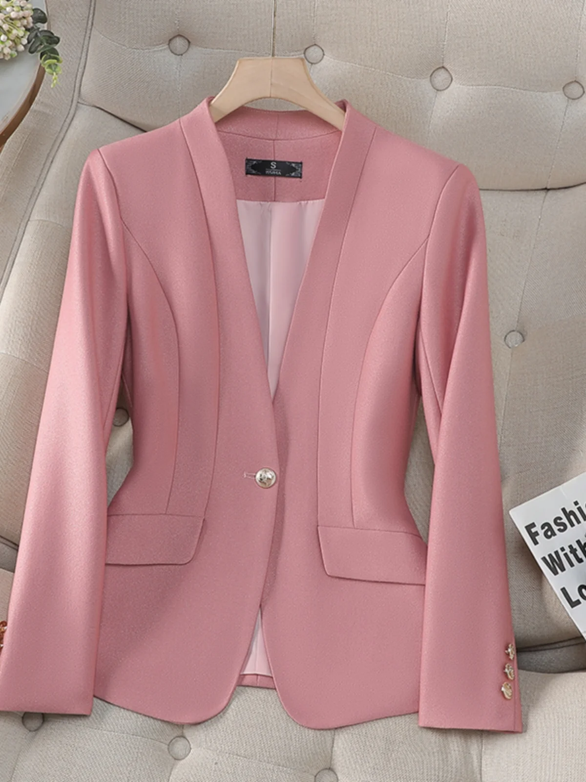 Slimming Tailored Women's  Jacket One Button Design High Collar Polyester Fiber Long Sleeve Spring 2025 Fashionable Bus...