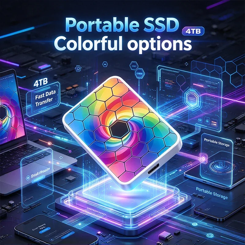 SSD externo portátil de 4 TB com iluminação RGB, design em forma de favo de mel, unidade de estado sólido com iluminação RGB, disco de armazenamento de alta velocidade para portátil, PC, telemóvel e tablet.