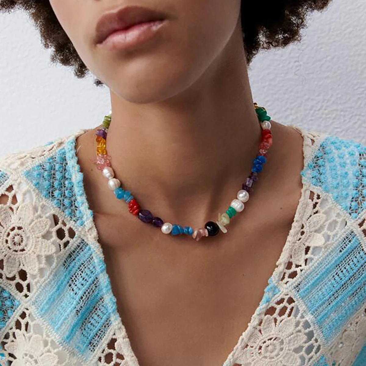 

Colorful natural stone bead necklace, oval pearl necklace, fashionable jewelry, party gift