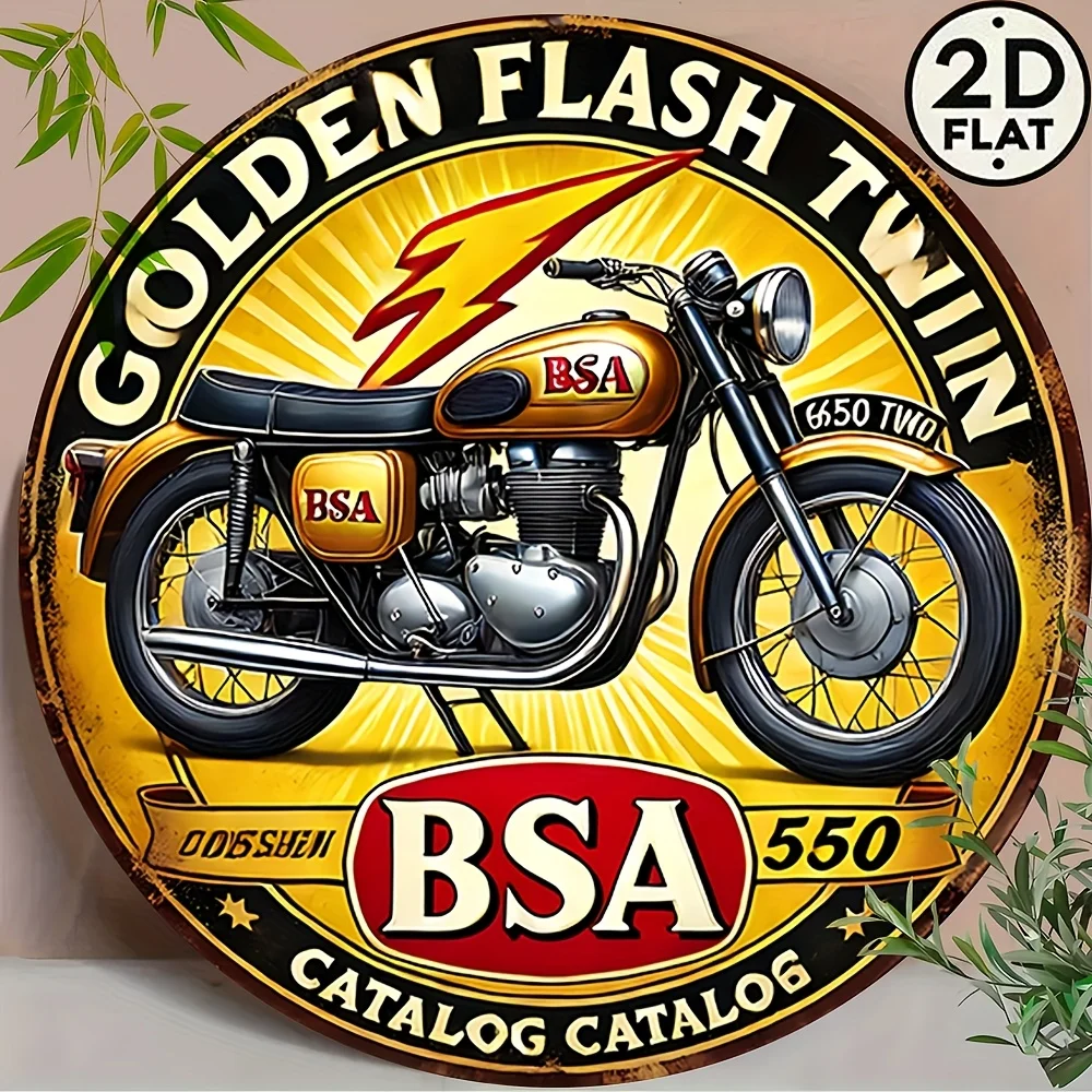 Letrero de madera 2D vintage BSA para motocicleta, placa redonda retro Golden Flash Twin, arte de pared estético Cafe Racer, estilo rústico Shabby Chic G