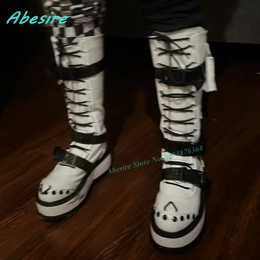 White Patent Leather Platform Knee High Boots Lace Up Multi Buckle Straps Small Bag Decoration Women's Boots Gothic Lolita Shoes