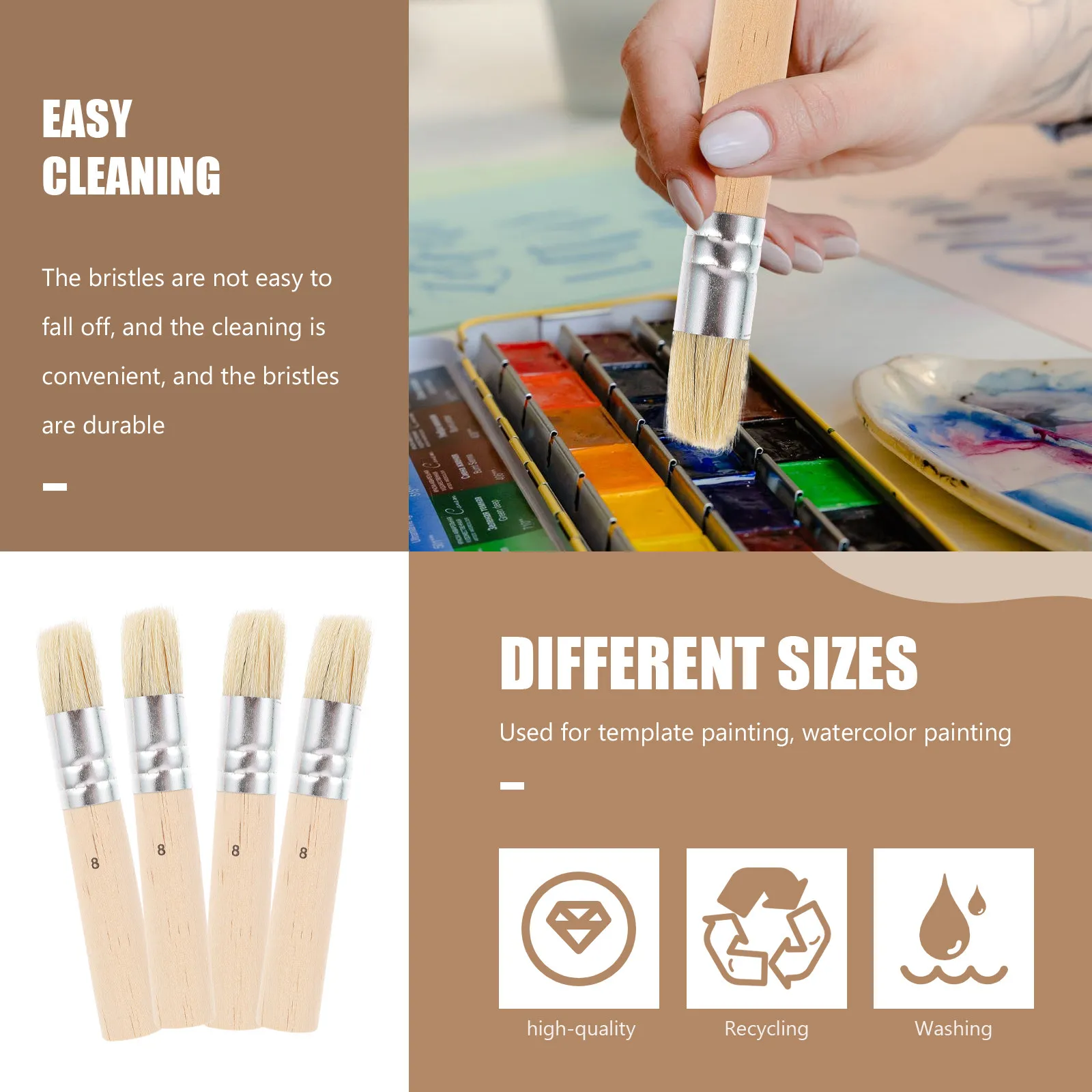 

4Sets Painting Brush Set Wood Handle Bristle Brushes for Watercolor Stencil Oil Acrylic Painting Stencil Wooden Bristle