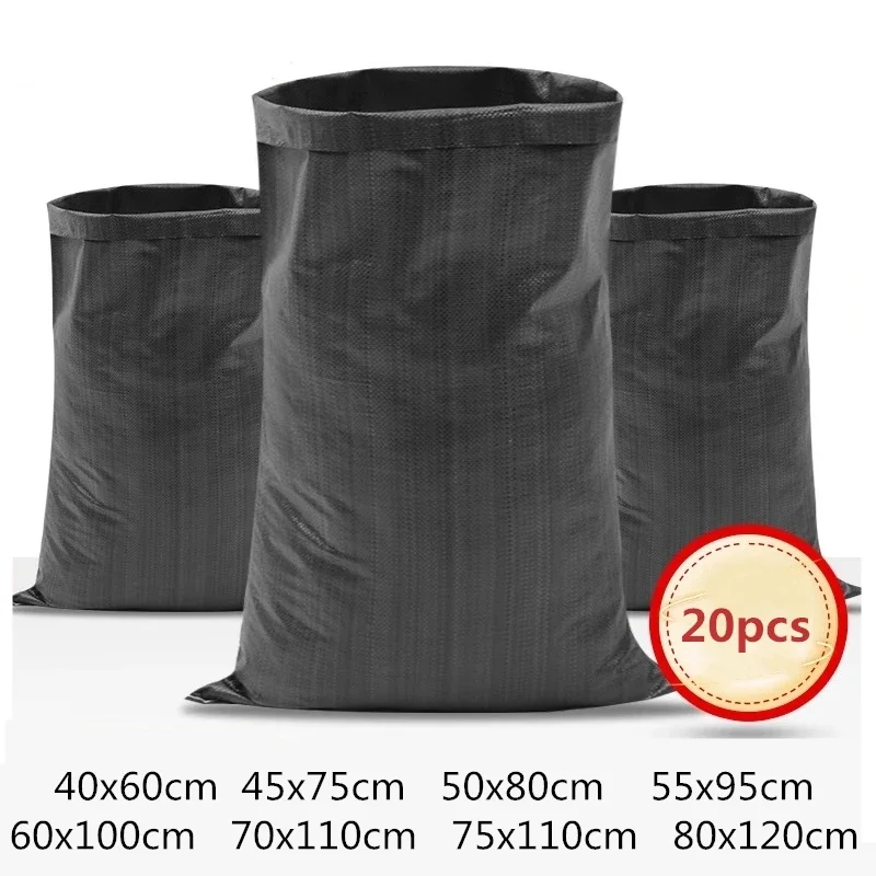 20pcs Black Plastic Woven Bags Sunscreen Anti Aging Landfill Construction Site Sand Packing Bag Flood Prevention Sandbags