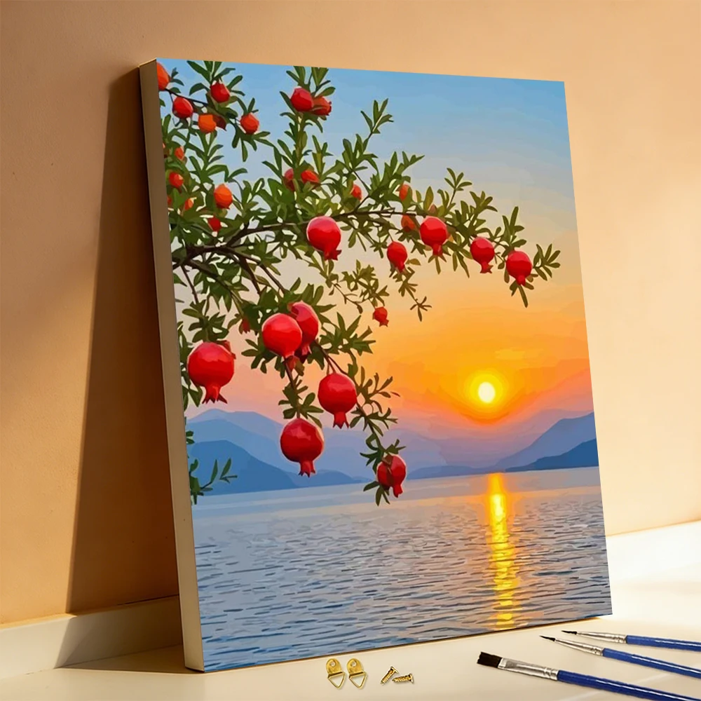 Huacan DIY Oil Painting By Numbers Pomegranate Paint By Number Sunset Lake Digital Oil Painting Scenery Landscape Unique Gift