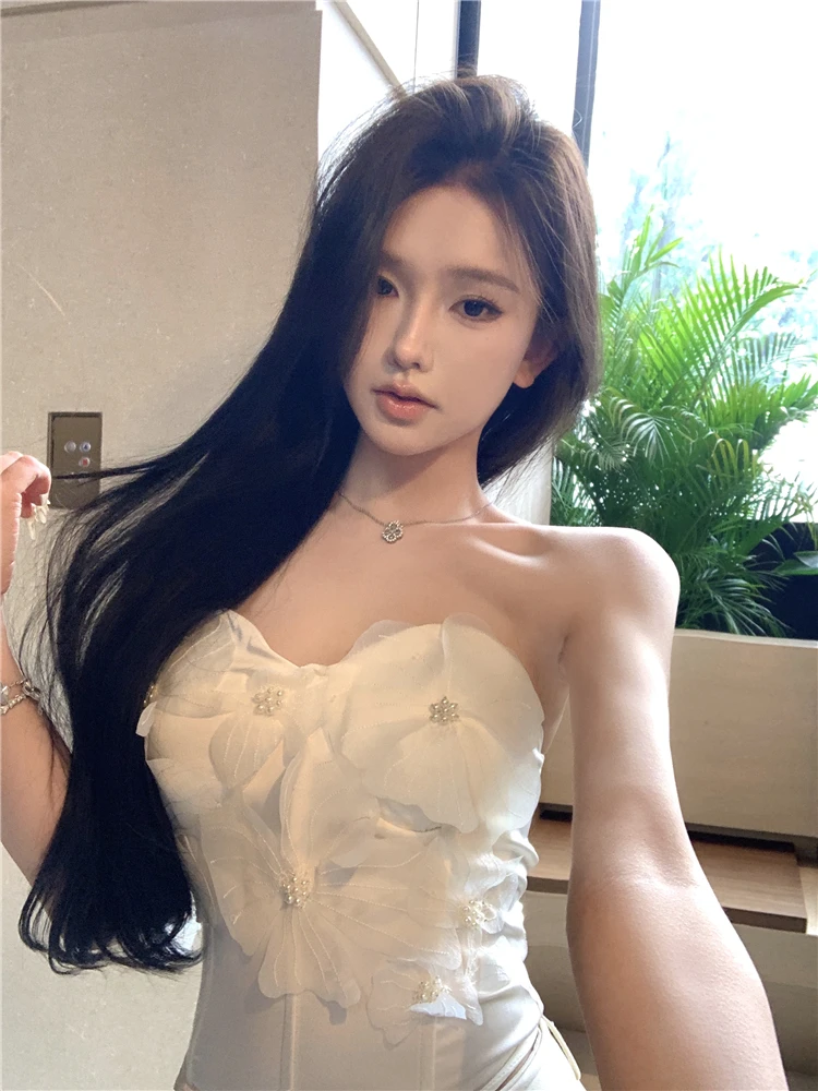 Pink Flower Strapl Tank Top Women's Outerwear Summer Thai Sle Pure Desire Sexy One oulder Tube Top Beautiful Small irt