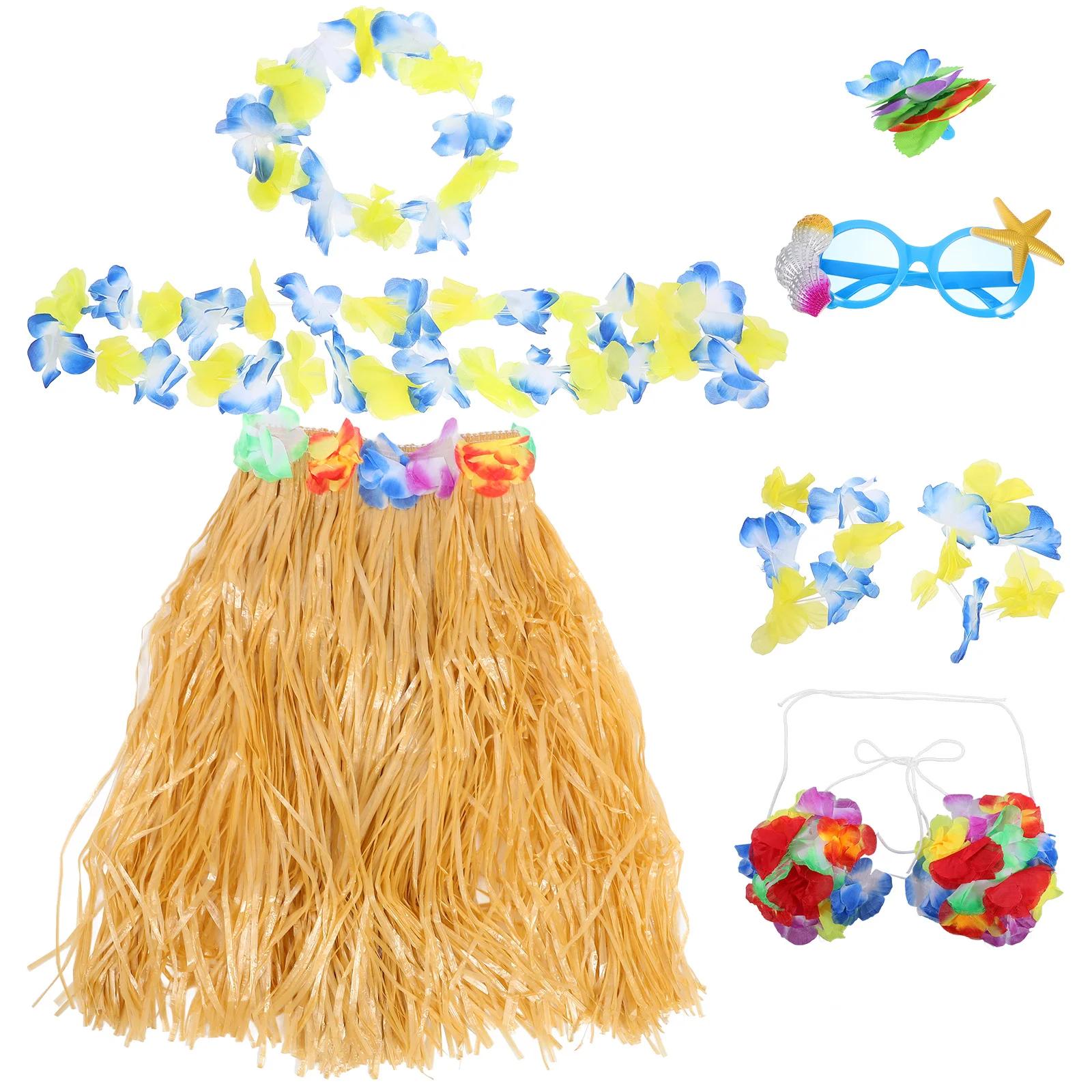 하와이안 훌라 스커트 의상 액세서리 키트 루아우 파티 장식 생동감 넘치는 스타일 해변 테마 이벤트 의상 세트