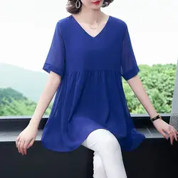 Fashion Commute Solid Color Midi Shirt Women's Clothing All-match Patchwork Summer Short Sleeve Elegant V-Neck Chiffon Blouse