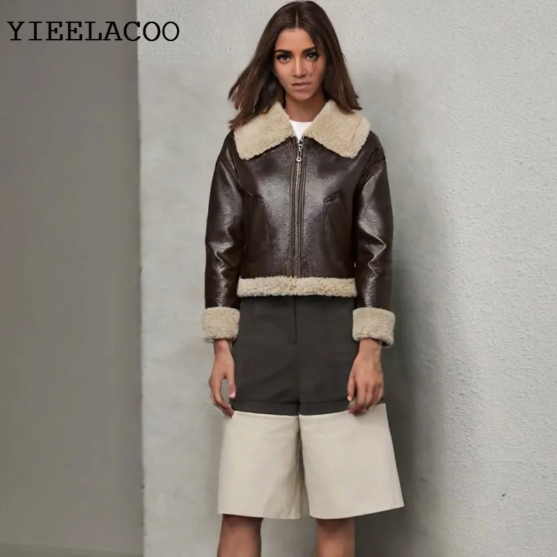 

Встроенная куртка из искусственной кожи и меха на молнии, цельное осенне-зимнее пальто, классическое повседневное, универсальное, женская куртка