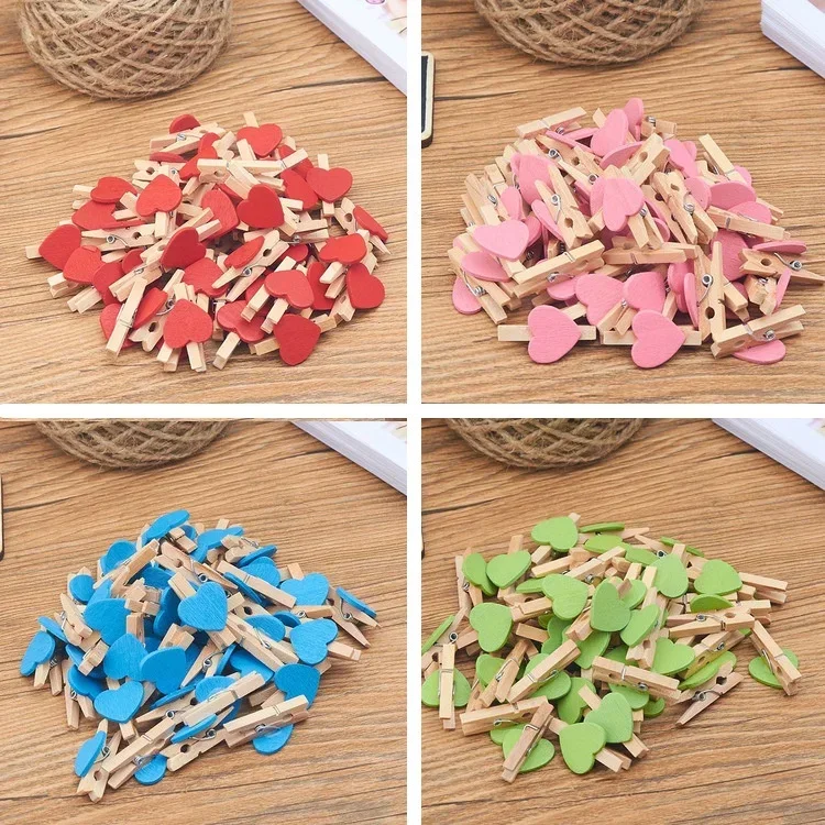 

50PCS/Lot Mini Romantic Loving Heart Shape Wood Clips Handicrafts Photos Papers Clothes Pegs Home Bachelorette Party Decorations