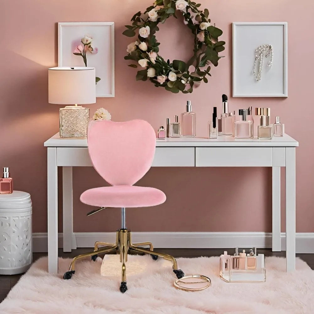 كرسي مكتب مخملي لطيف على شكل قلب وردي مع عجلات قابل للتعديل بارتفاع دوار كرسي زينة بدون ذراع منجد #3