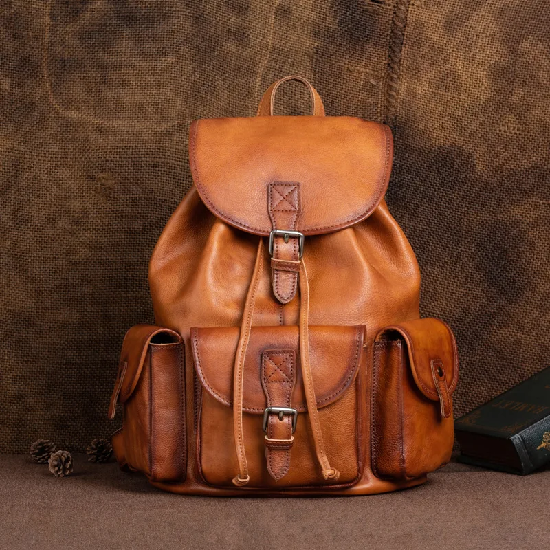 Natural Leather Men Backpack Handmade Genuine Leather Laptop Backpack Vintage Travel Bags Large Capacity Boys Shoolbags