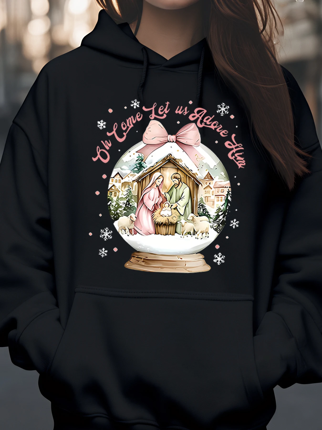 

Рождественская вертеп с дизайном снежного шара. Праздничная толстовка с капюшоном для женщин и девочек. Зимняя повседневная одежда.