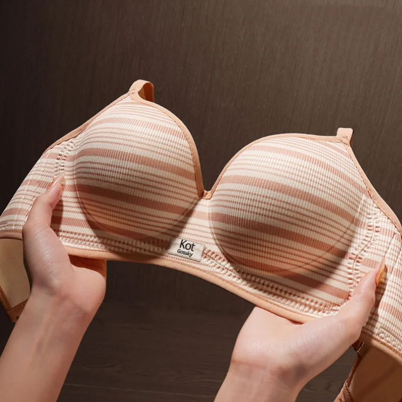 French-style striped thick-no-slip sexy quality model gathering and breathable bra without steel band