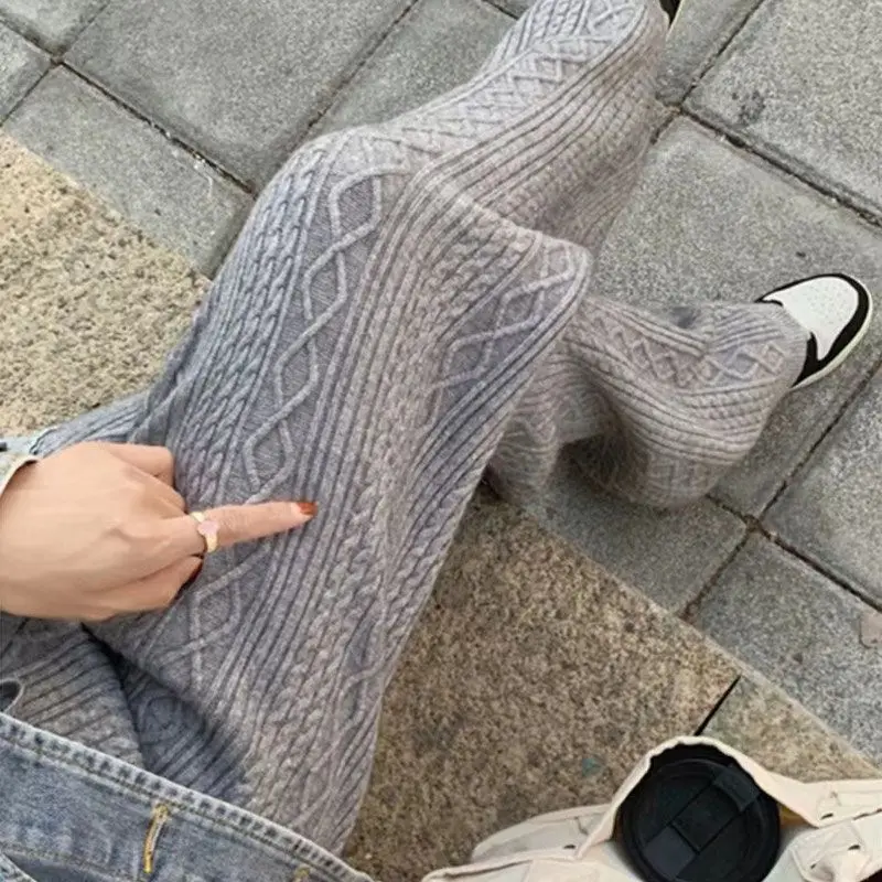 Knitted Thickened Fried Dough Twists Casual Straight Trousers Women Autumn Winter High Waist Loose Wool Wide Leg Pants Mop Pants