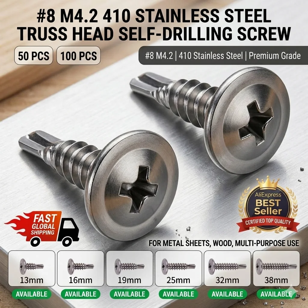 50/100pcs #8 M4.2 410 Stainless Steel Self Tapping Screws Large Round Truss Flat Head Self Drilling Screw Metal Sheet Wood