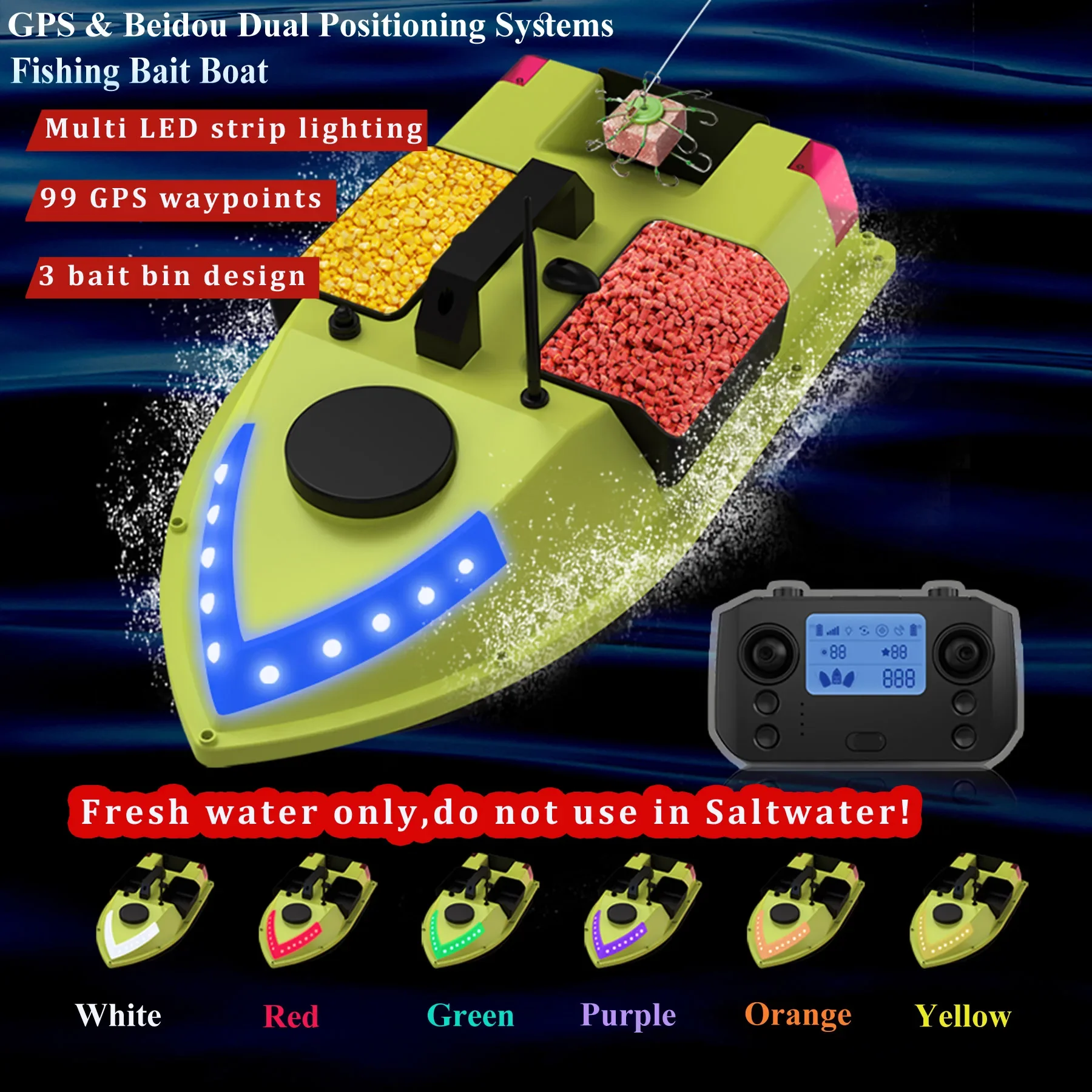 D20 99 Gps Positions RC Bait Boat for Carp Fishing with 3 Bait Hoppers and Multi Color Lights