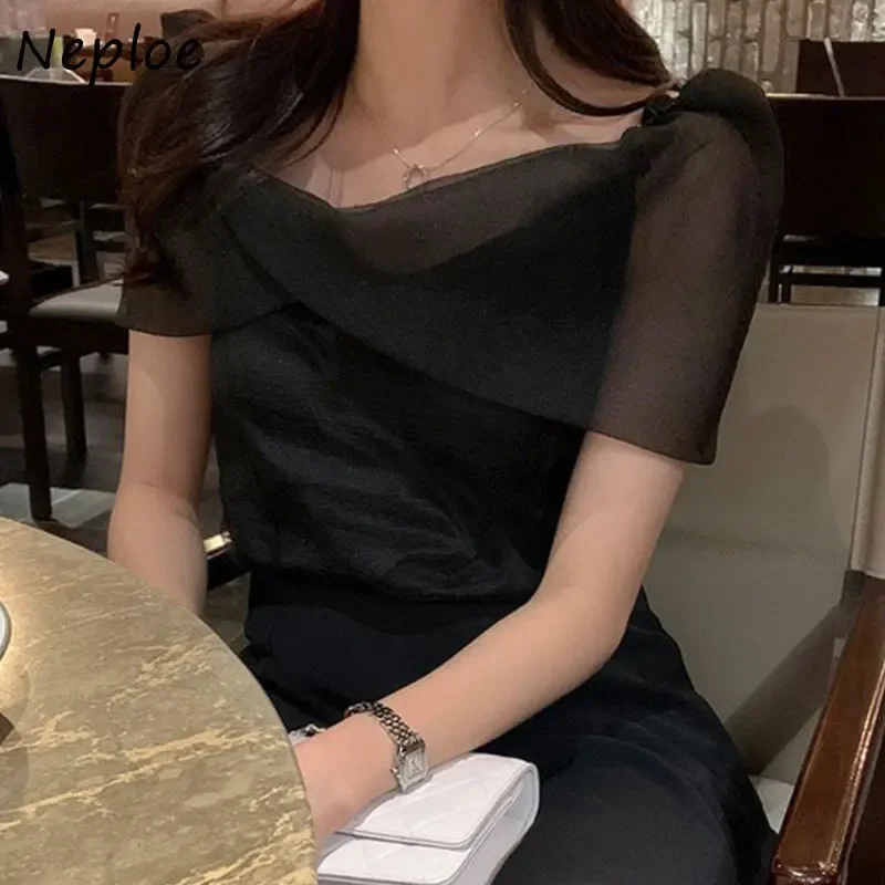 Neploe Gentle Style Temperament Solid Blusas Slash Neck Off Shoulder Mesh Short Sleeved Slim Shirts Top 2024 New Women Blouses