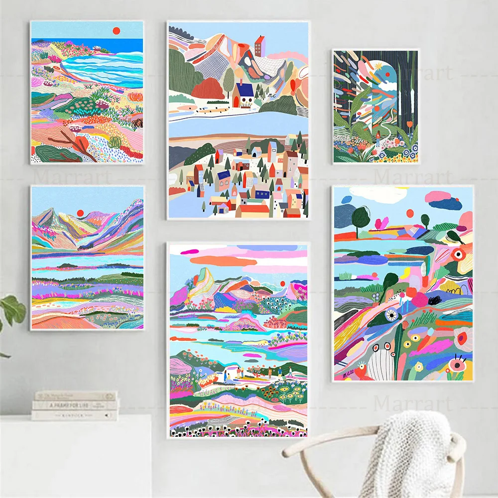 Colorful Mountain and River Spring Scenery Prints, Flowers Canvas Painting, Travel Art Poster, Living Room Wall Decor, Unframed