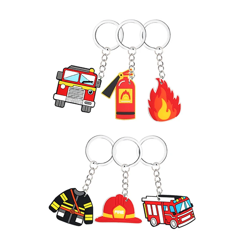 6pcs Fire Truck Silicone Keychains Truck Lifejacket Helmet Flame Key Rings Kid\'s Gift Fillers For Firefighter Birthday Party