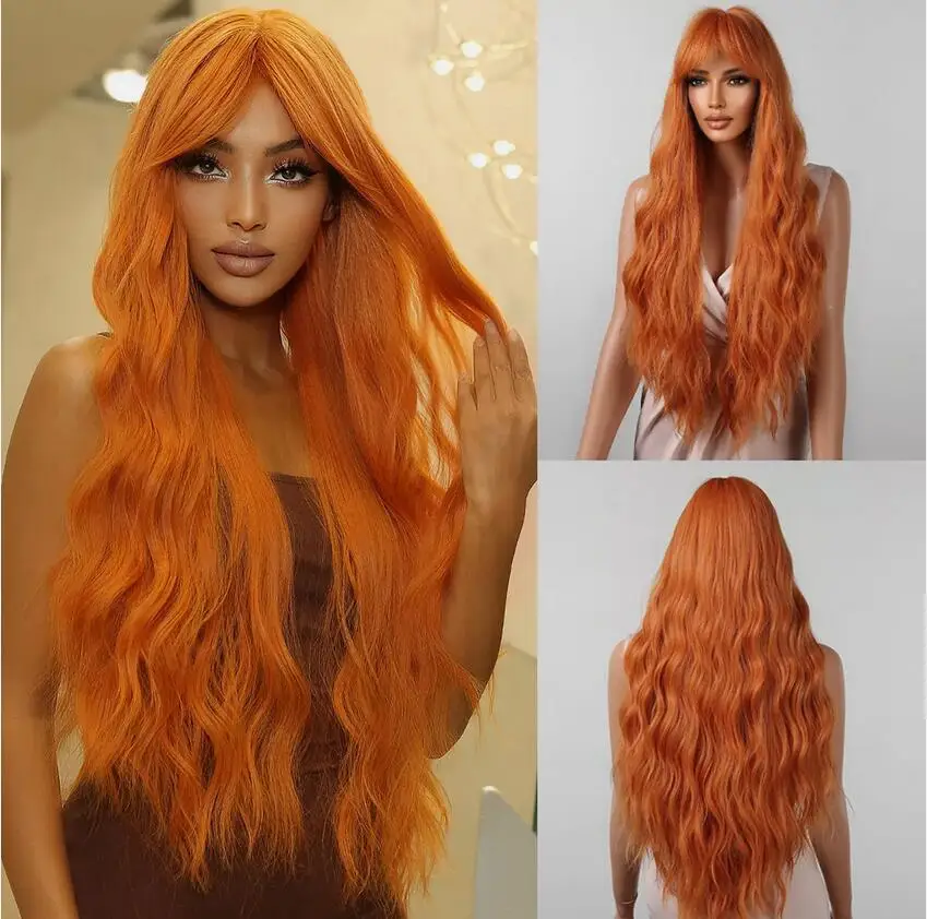 Long Wavy Heat Resistant Synthetic Hair Ginger Orange Dress Up Wig With Fringe