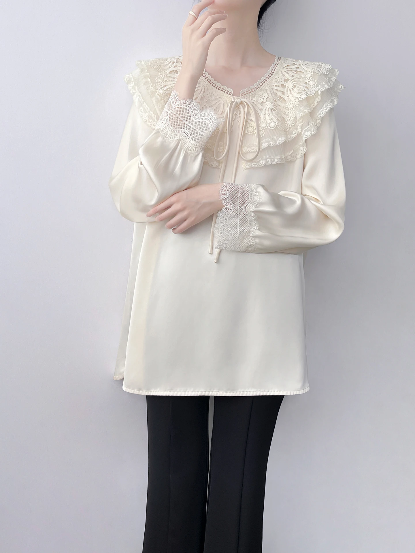 Korean Style Lace Trim Hollow out Belted Shirt Women's Satin Drapey Wrinkle Resistant Midi Length Top French Style Loose Fit ...