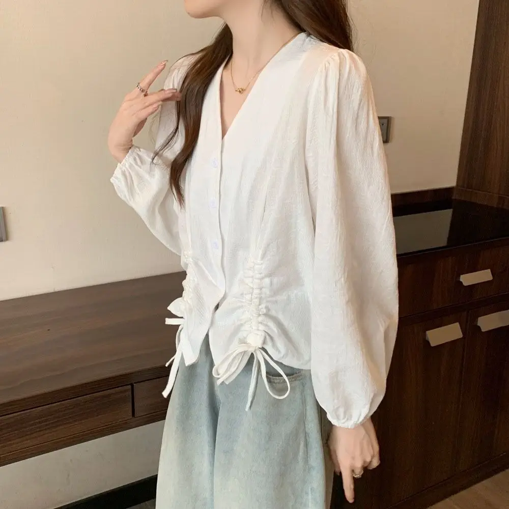 

Simple V-neck Lace-up Drawstring Blouse Irregular Loose Long Sleeve Shirts Autumn Spring Retro Ladies Shirt Top Girls