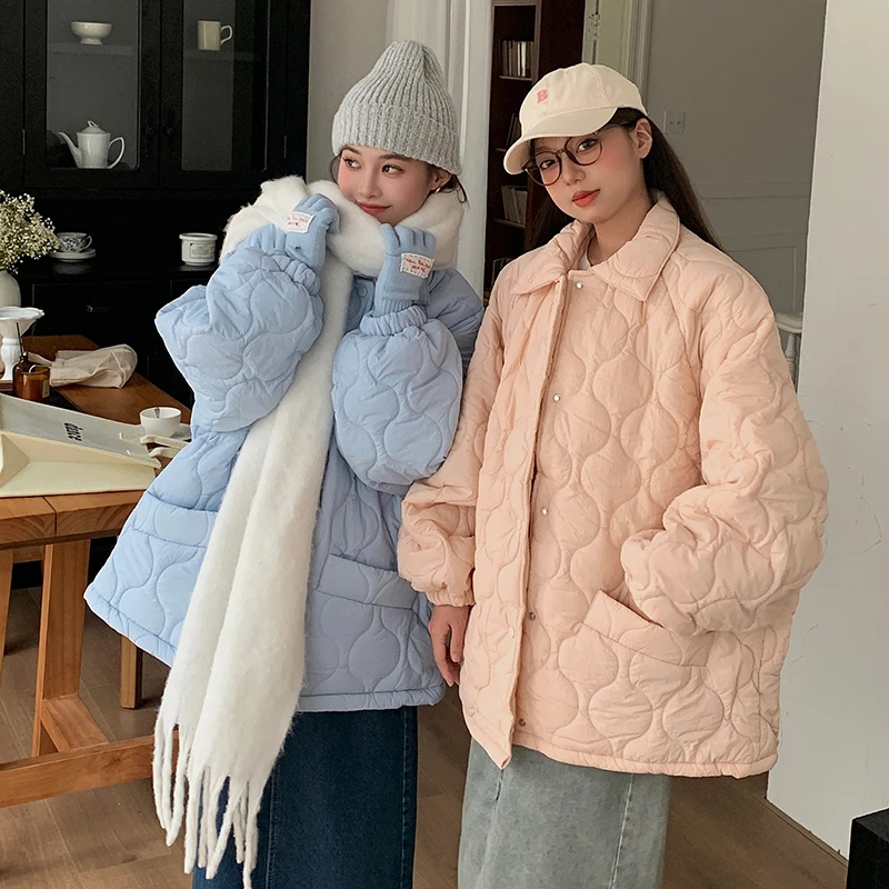 Dopamine Colored Diamond Pattern Cotton Jacket Women's Retro Lamb Fur Inner Loose Bread Style Korean Version Coat